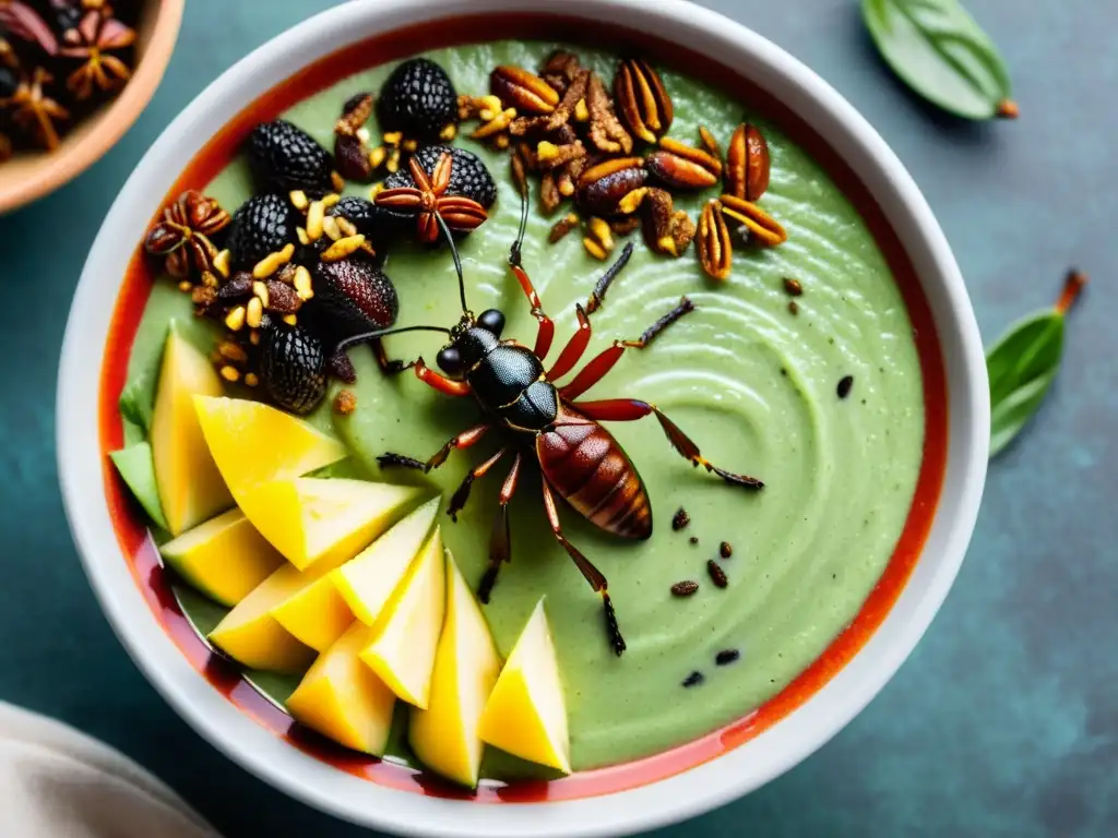 Delicioso bowl de smoothie verde con chapulines en alta resolución, para recetas innovadoras suplementos alimenticios insectos