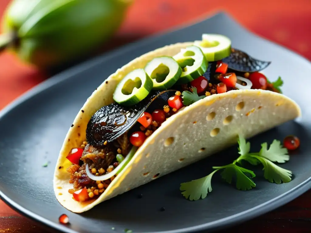 Delicioso taco de grillo con chile y limón, resaltando los perfiles de sabor de insectos en una imagen macro vibrante y apetitosa