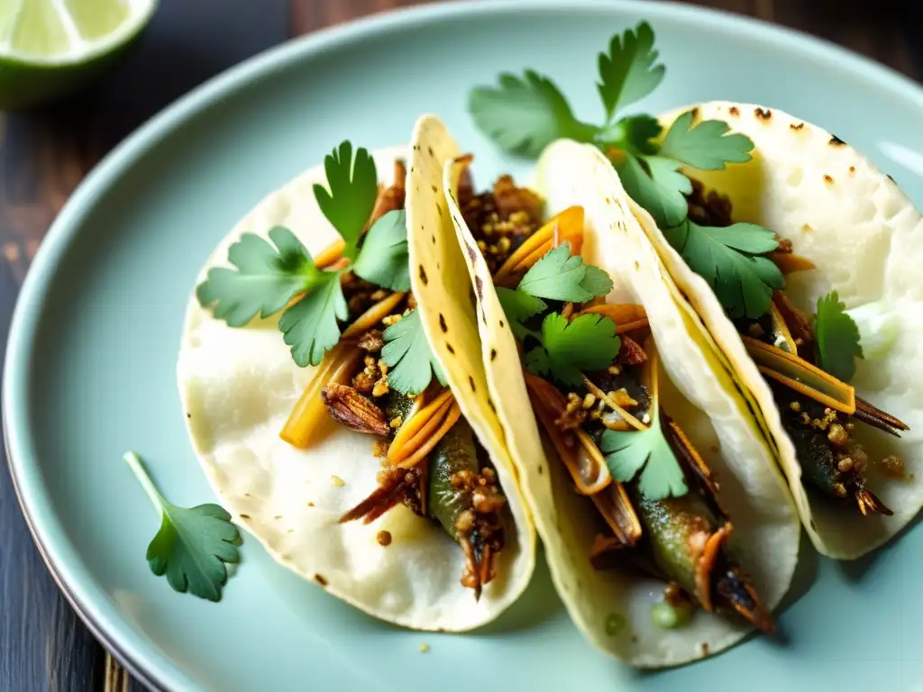 Deliciosos tacos gourmet con chapulines fritos, cilantro fresco, cebolla y limón