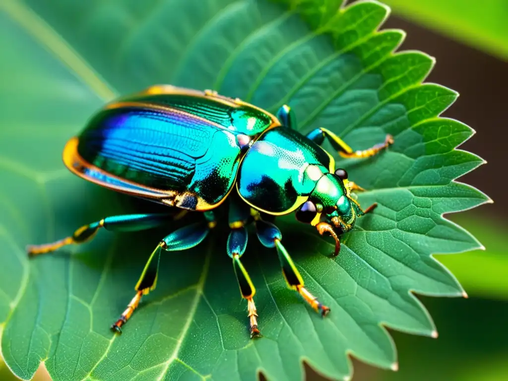 Una deslumbrante imagen macro de un escarabajo joya aferrándose a una hoja verde vibrante, destacando su exoesqueleto iridiscente bajo la luz del sol