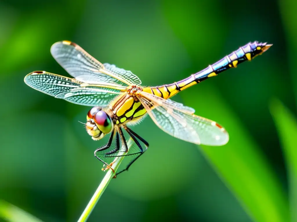 Un deslumbrante insecto híbrido en la naturaleza: una libélula verde y dorada reposa sobre una fina hierba, sus alas transparentes brillan al sol