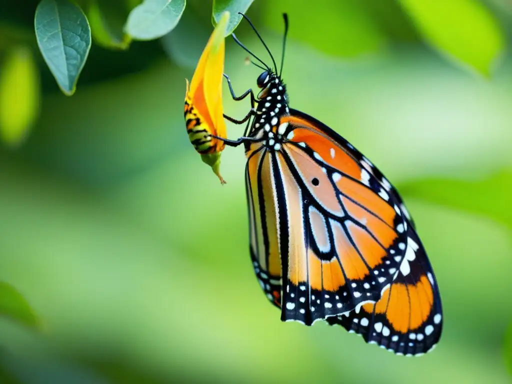 Deslumbrante metamorfosis de una mariposa Monarca emergiendo de su crisálida en cautividad, detalle asombroso