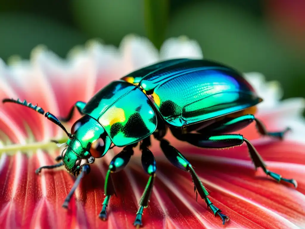 Una deslumbrante pintura de insecto con técnicas de pintura para insectos, reflejando la belleza iridiscente de un escarabajo sobre una flor