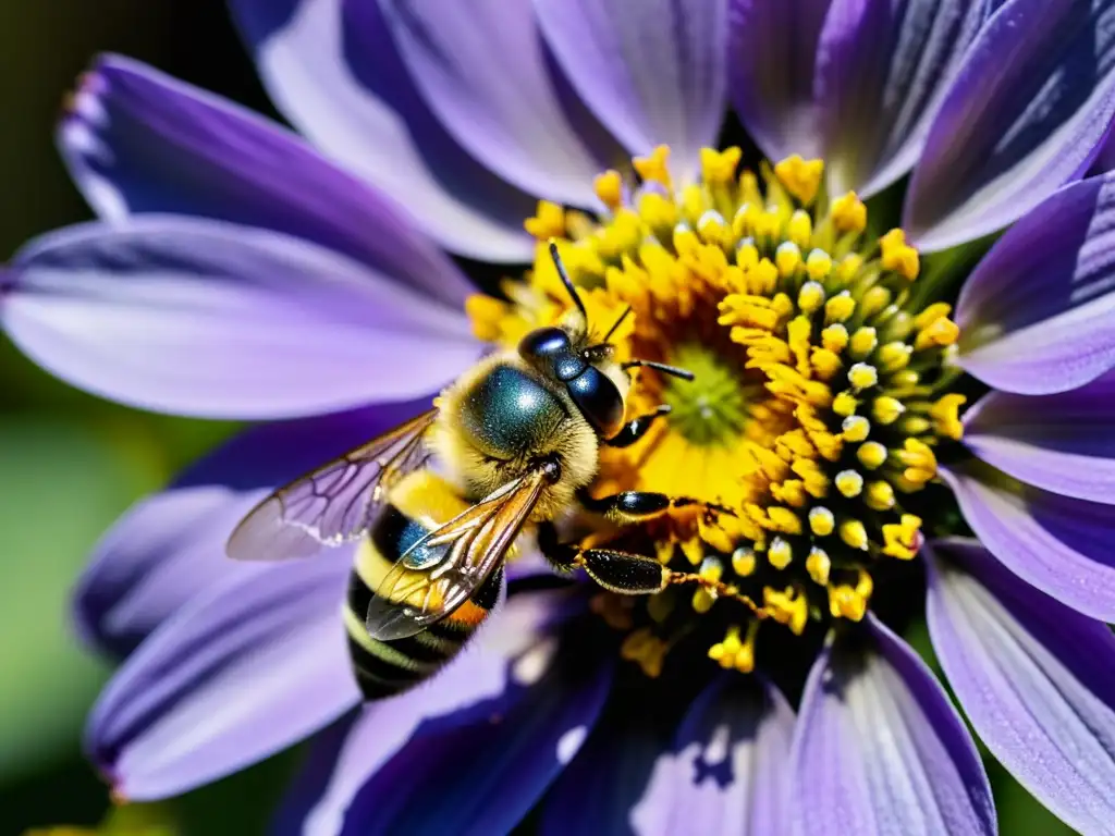 Detallada fotografía de una abeja cubierta de polen amarillo sobre una flor morada