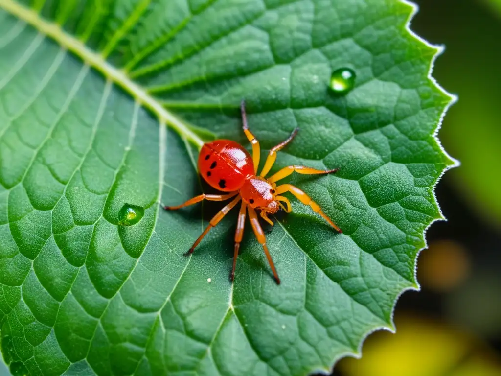 Detallada infestación de ácaros rojos en una hoja verde