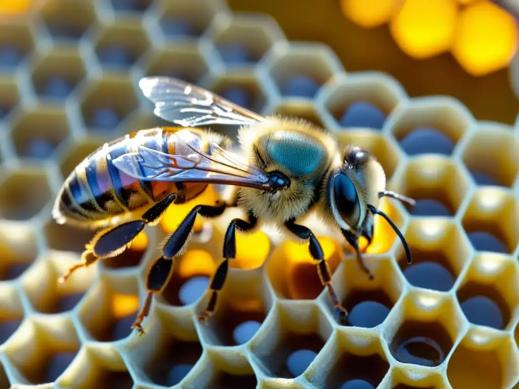 Detallada danza de la abeja sobre panal, comunicación fascinante abejas ecosistemas