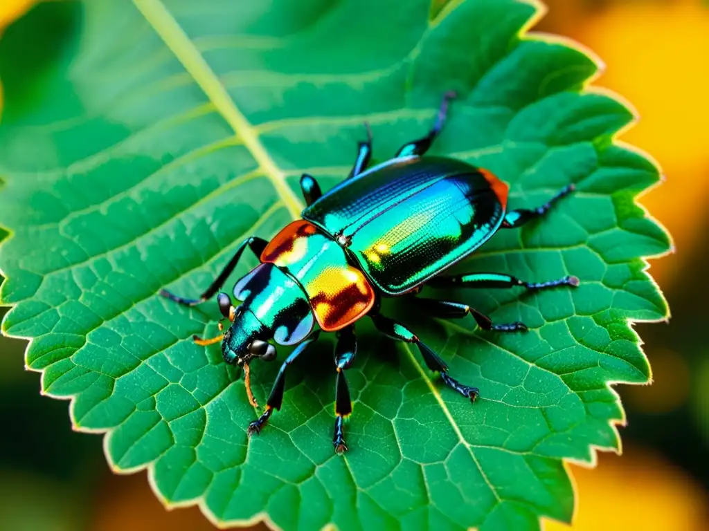 Fotografía detallada de un escarabajo iridiscente posado en una hoja verde, mostrando la complejidad de la anatomía del insecto y su hábitat natural