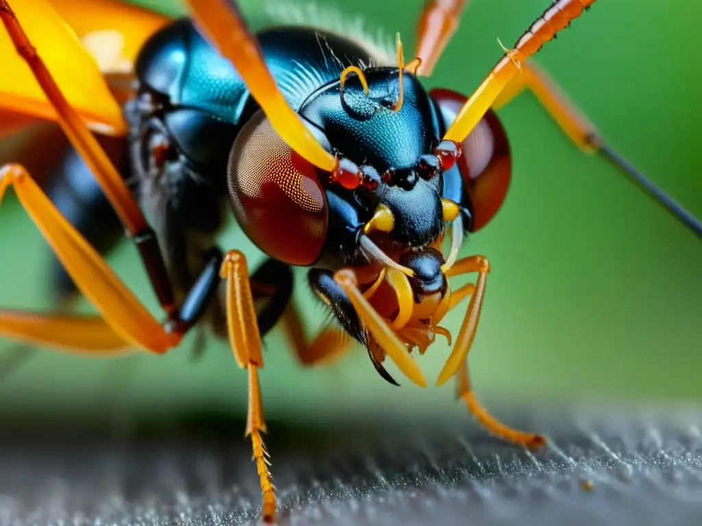 Detallada escena de parásitos reproductivos en insectos, con ovipositor de avispa perforando exoesqueleto de huésped y estructuras internas visibles