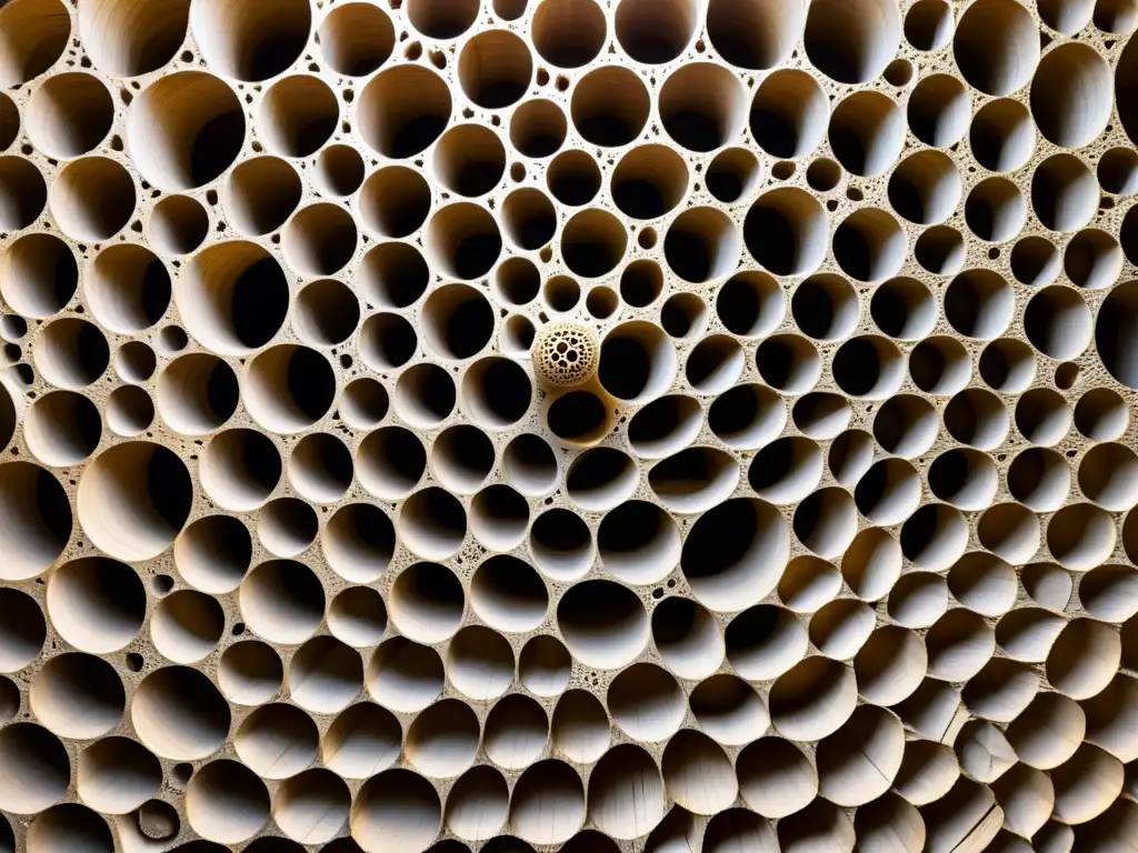 Detallada escultura de madera con patrones de carcoma, evocando simbolismo de la carcoma en arte