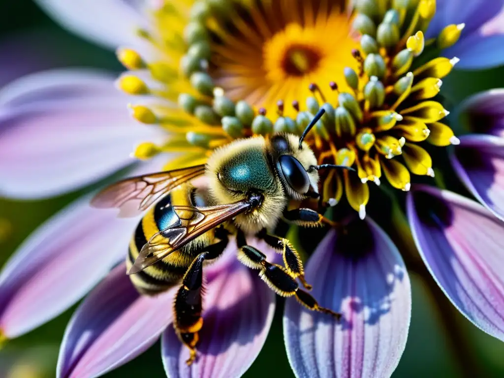 Detallada foto macro de una abeja cubierta de polen, con alas delicadas, cerca de una flor vibrante