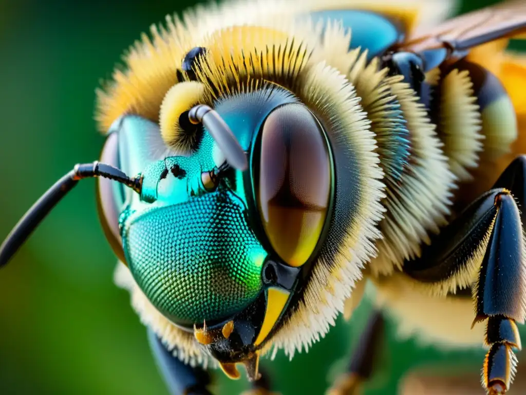 Detallada foto de un ojo compuesto de abeja, con patrón hexagonal y brillo iridiscente