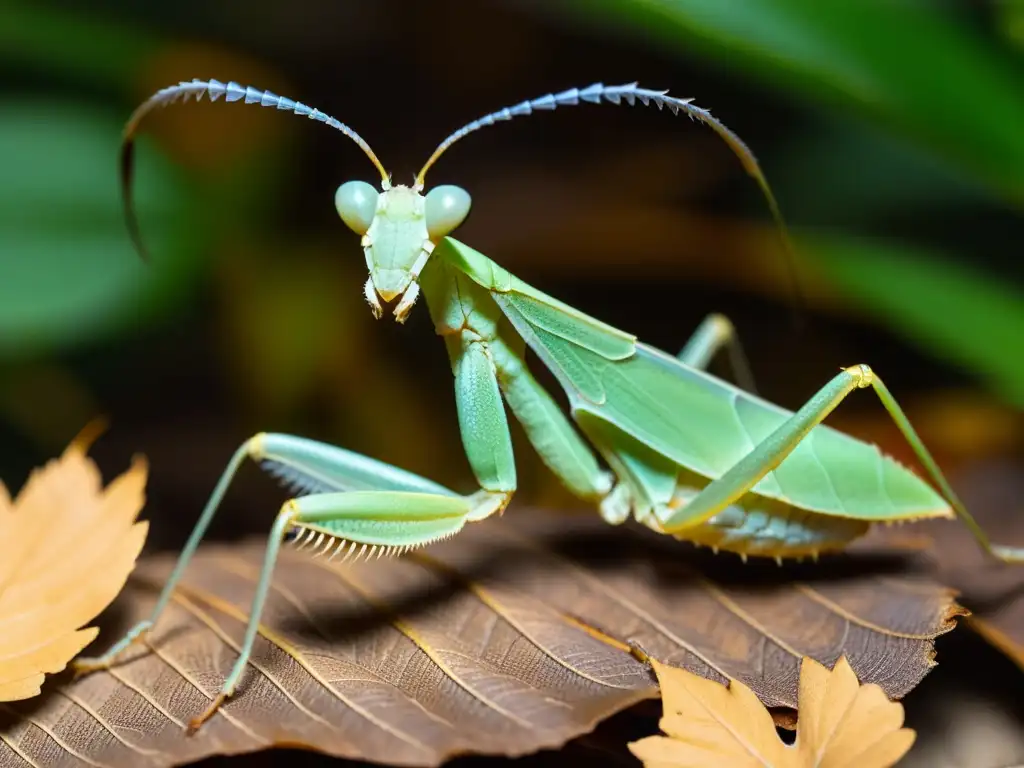 Detallada fotografía de una mantis hoja muerta camuflada entre hojas y ramas secas, destacando su habilidad de mimetismo y camuflaje en insectos