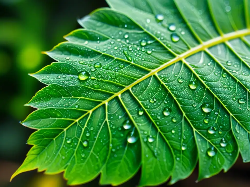 Detallada hoja verde con gotas de agua, red de venas