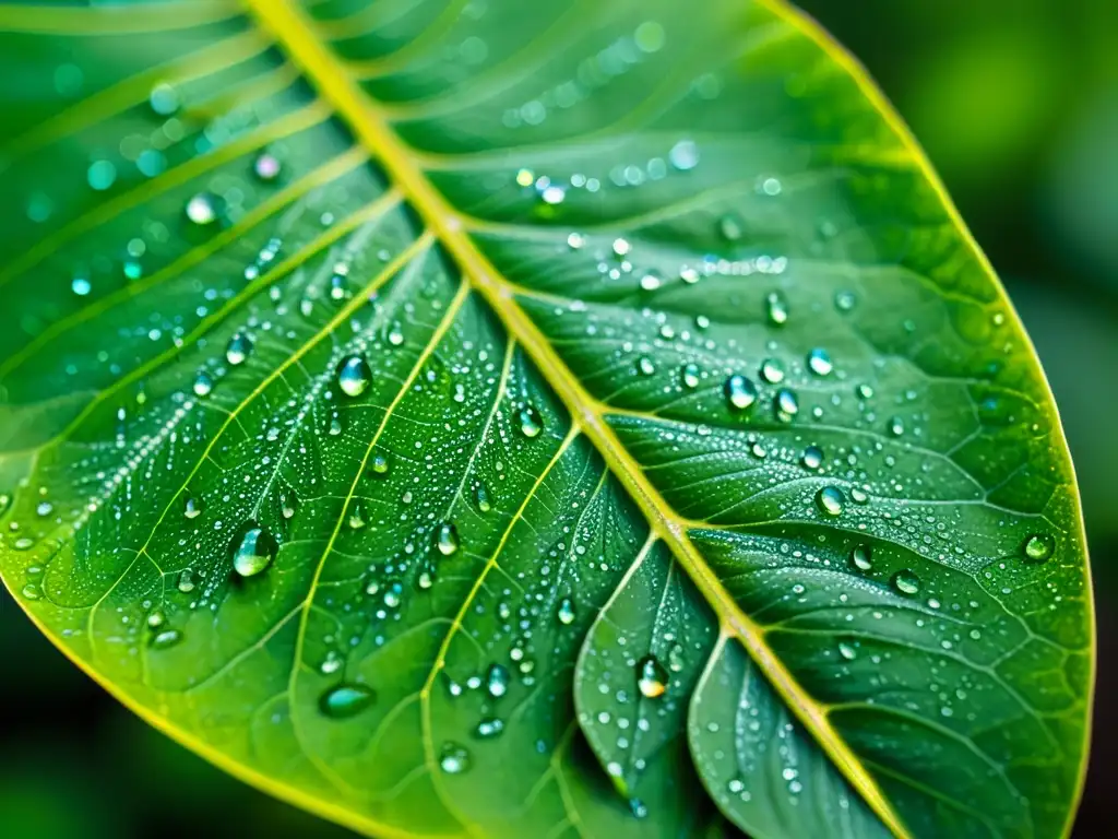 Detallada hoja verde con gotas de agua creando arcoíris, mostrando insecto