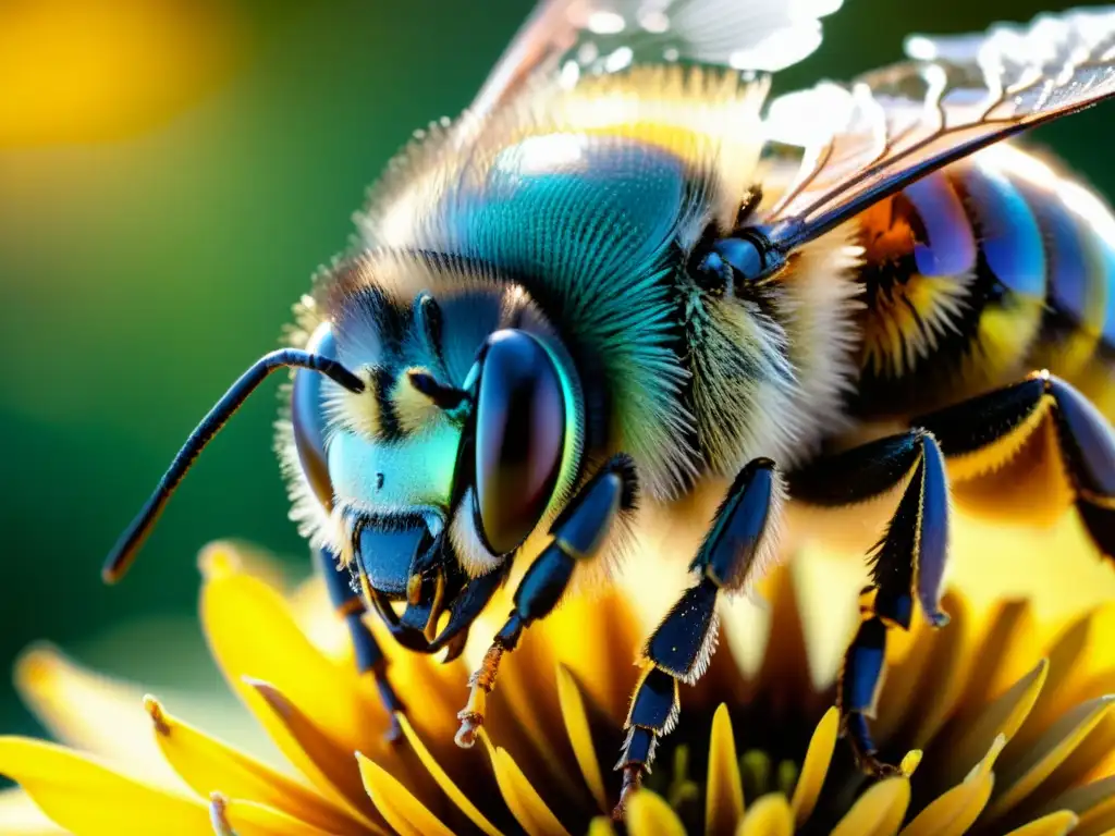 Una detallada imagen 8k de una abeja cubierta de vibrante polen, con detalles intrincados de sus ojos compuestos, alas delicadas y cuerpo peludo