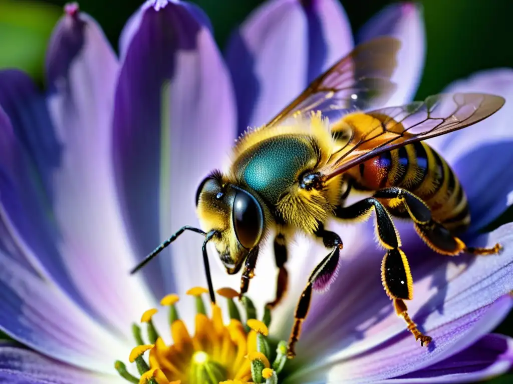 Detallada imagen de una abeja cubierta de polen amarillo sobre una flor morada