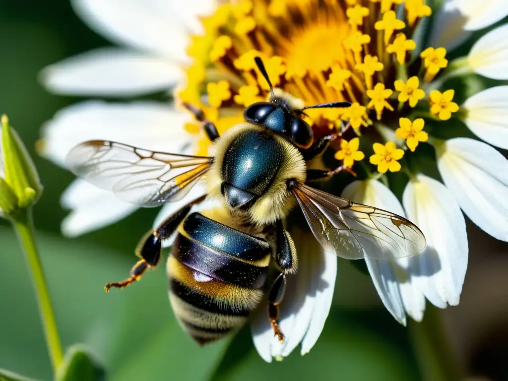 Detallada imagen de una abeja cubierta de polen, resaltando el impacto de los pesticidas en la conservación de insectos