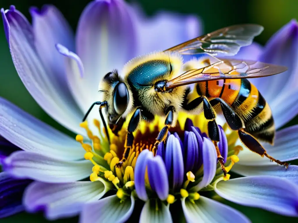 Detallada imagen de una abeja cubierta de polen, posándose delicadamente en el estambre de una vibrante flor morada
