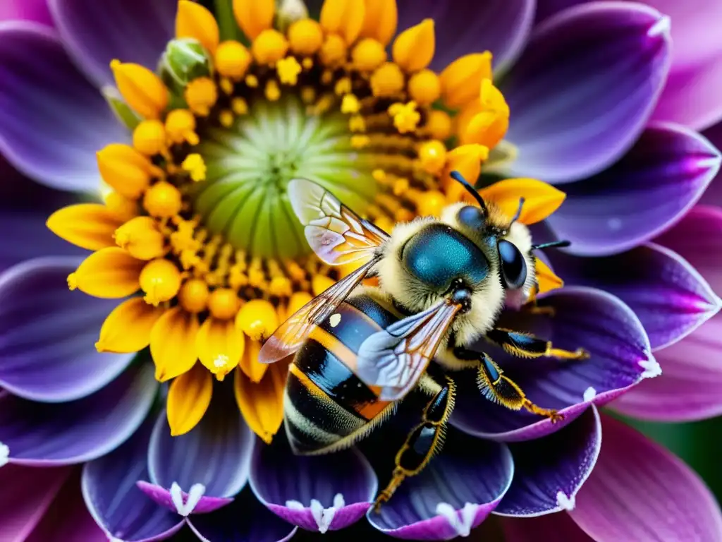 Detalle asombroso: abeja cubierta de polen en vuelo Detallada imagen de abeja cubierta de polen, con alas delicadas, en simbiosis con flor