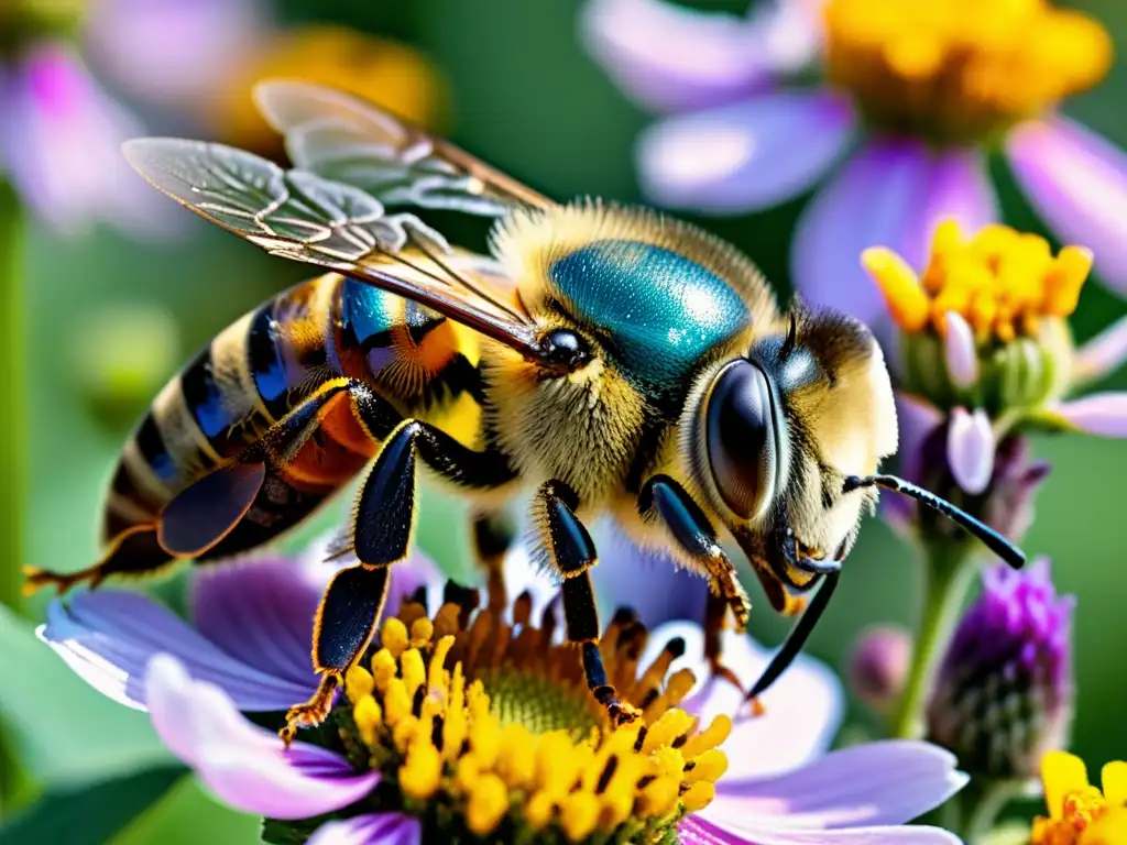 Detallada imagen de una abeja cubierta de polen, mostrando sus alas delicadas, ojos iridiscentes y cuerpo peludo, junto a una colorida flor silvestre