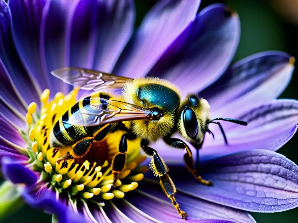 Detallada imagen de una abeja cubierta de polen amarillo vibrante, volando sobre una flor morada