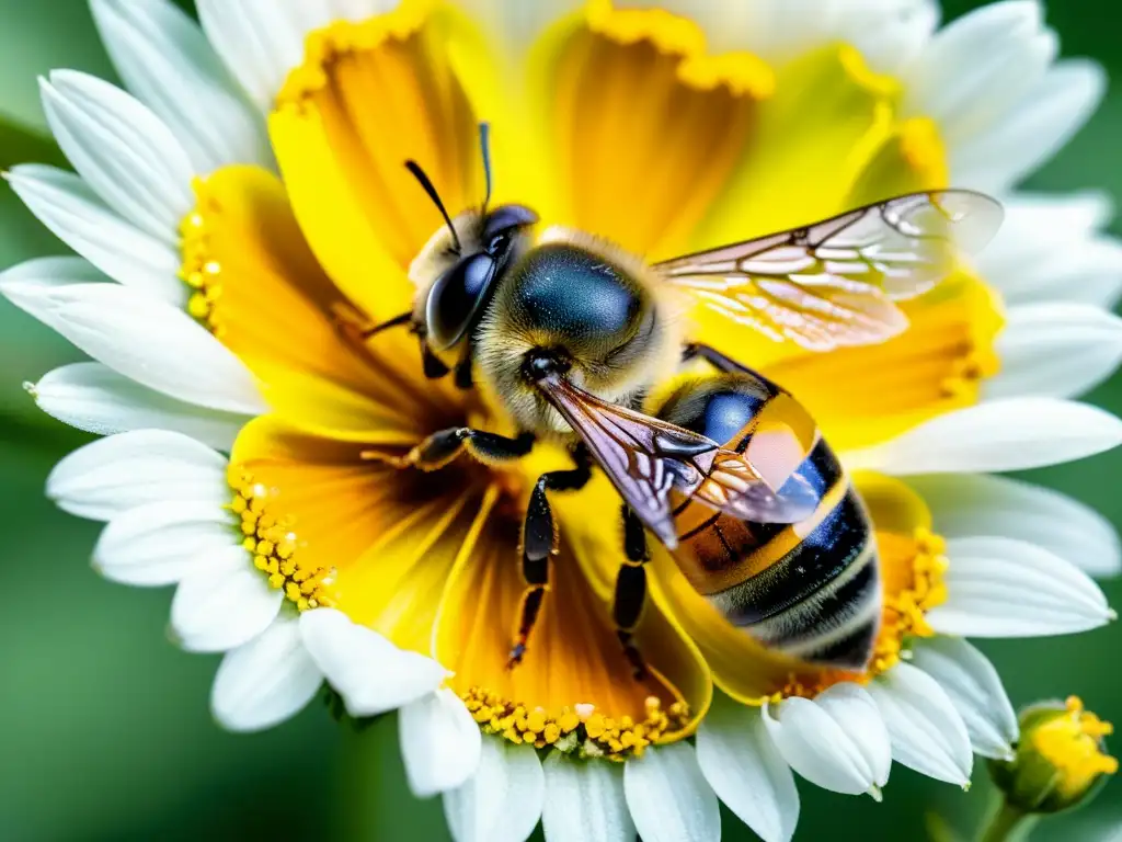 Detallada imagen de una abeja cubierta de polen amarillo sobre una delicada flor, destacando la importancia de las abejas en ecología