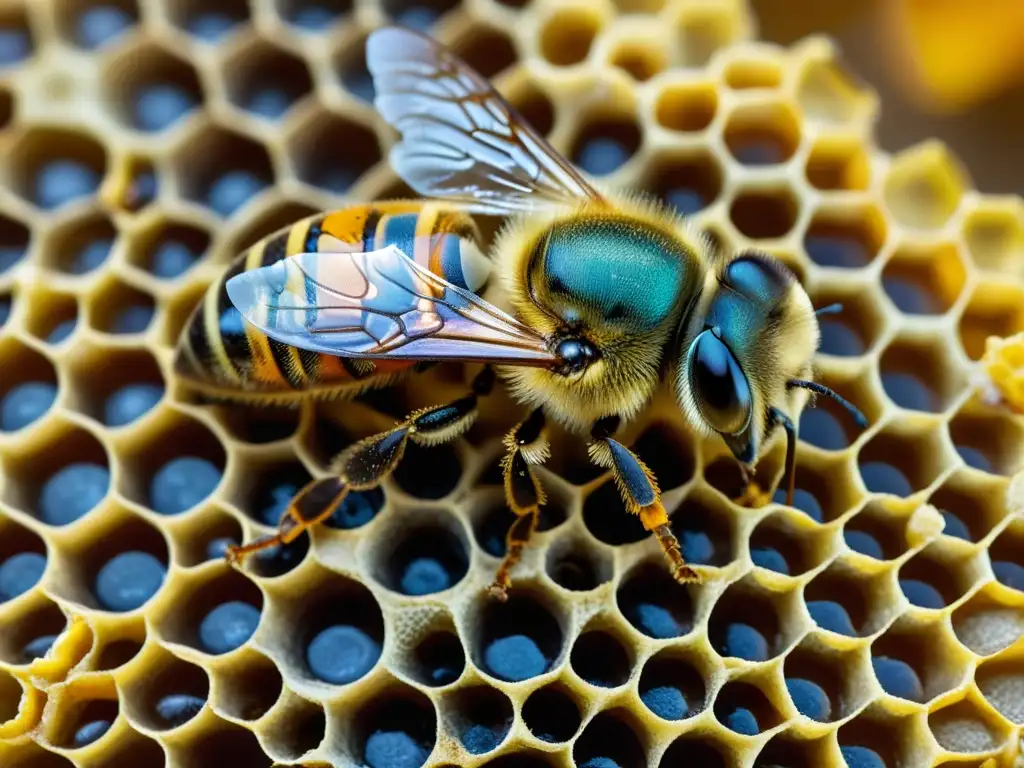 Detallada imagen de abeja realizando la danza de la colmena, rodeada de otras abejas