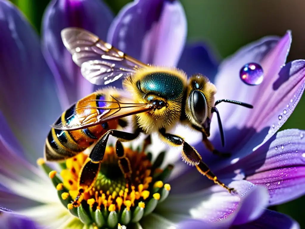 Detallada imagen de una abeja polinizando una flor morada, con sus delicados pelos y el brillo del polen