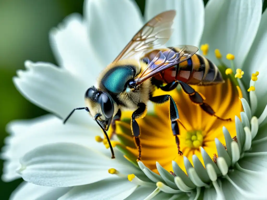 Detallada imagen de una abeja en una flor, inspiración para sensores bioinspirados tecnología insectos