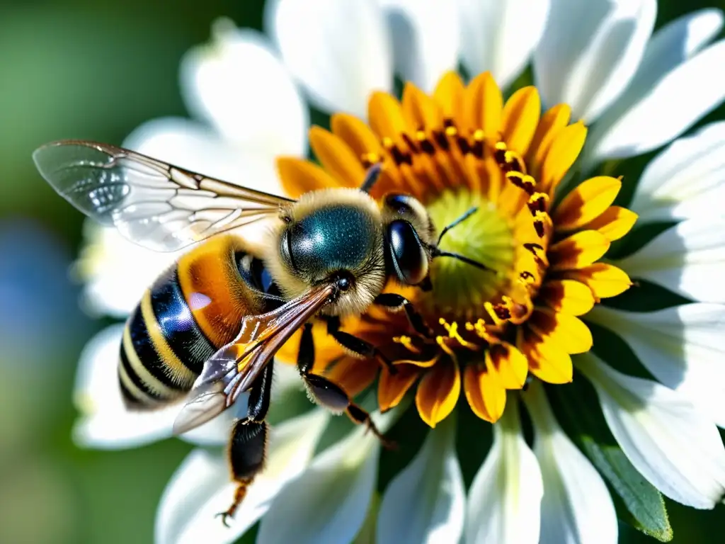 Detallada imagen de una abeja en una flor, mostrando sus sensores bioinspirados y belleza natural