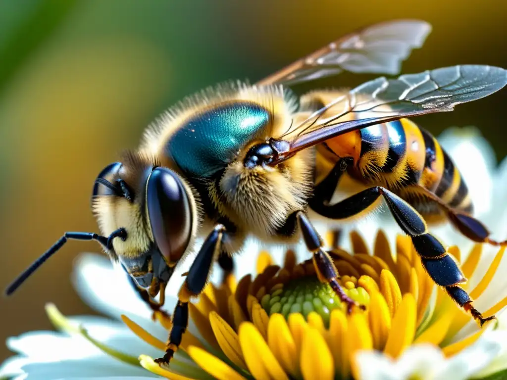 Detallada imagen de una abeja descansando en una flor, con sus ojos compuestos visibles