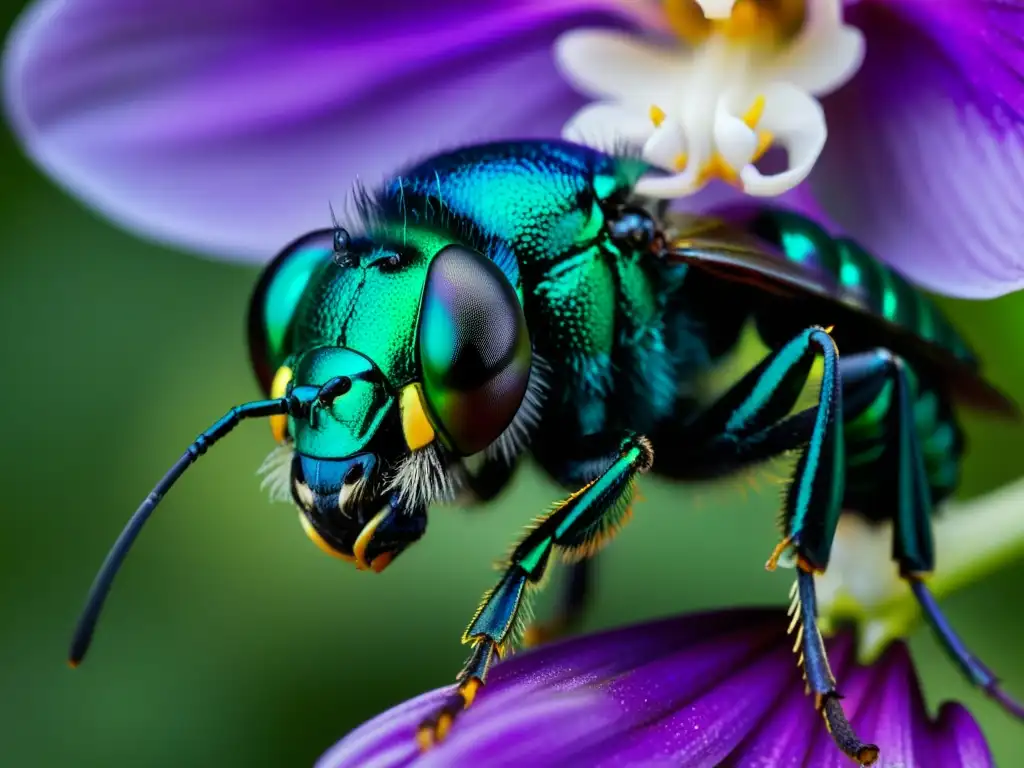 Detallada imagen de una abeja orquídea metálica verde (especies de insectos exóticos raros) posada en una orquídea morada, con su exoesqueleto iridiscente y alas delicadas, mientras disfruta del néctar y polen de la flor