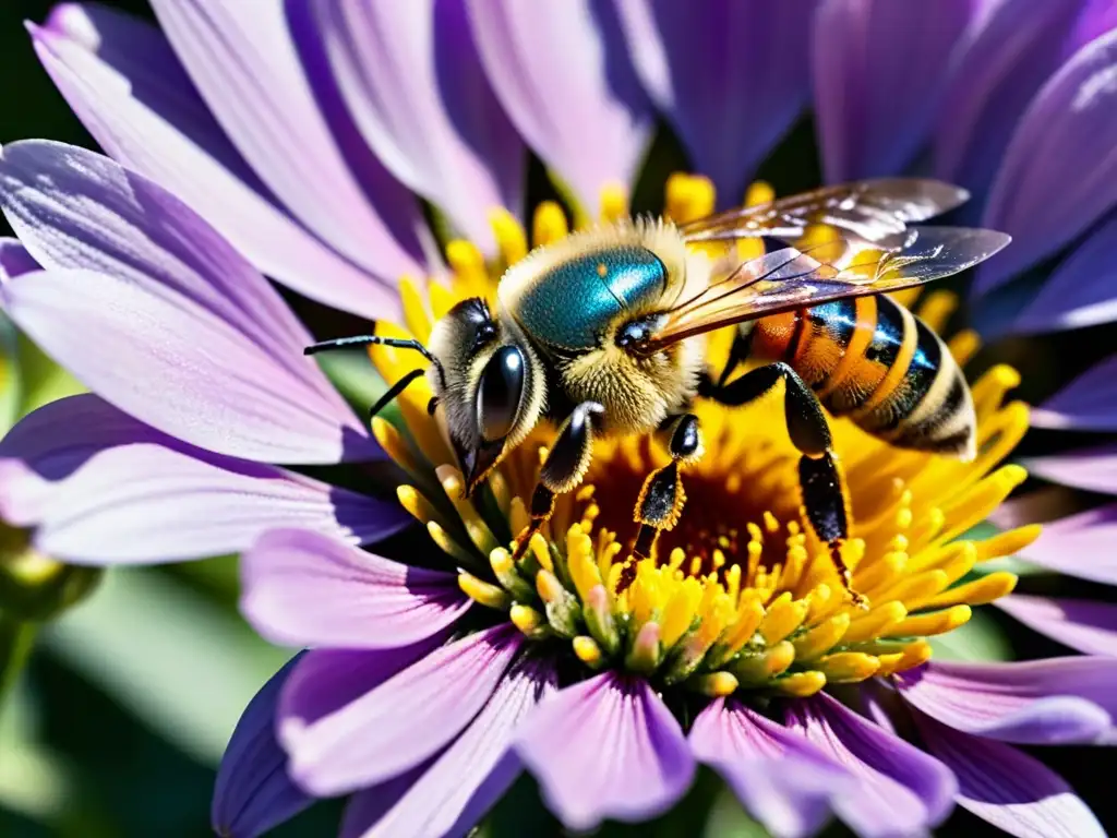 Detallada imagen de una abeja recolectando polen de una flor