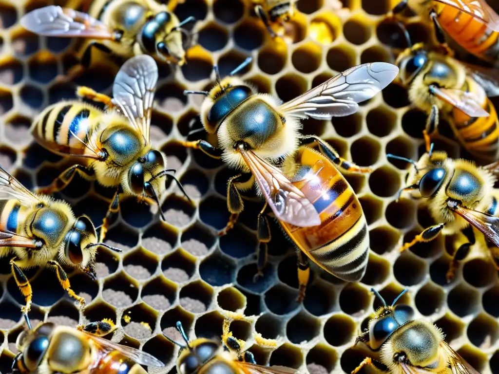 Una detallada imagen de una abeja reina rodeada de abejas obreras, destacando la importancia de la abeja reina en la dinámica del grupo