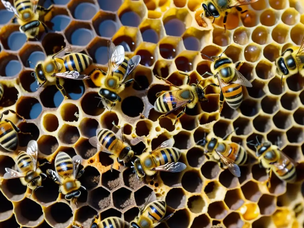 Una detallada imagen en 8k de una abeja reina rodeada de abejas obreras, mostrando la reproducción en la colmena