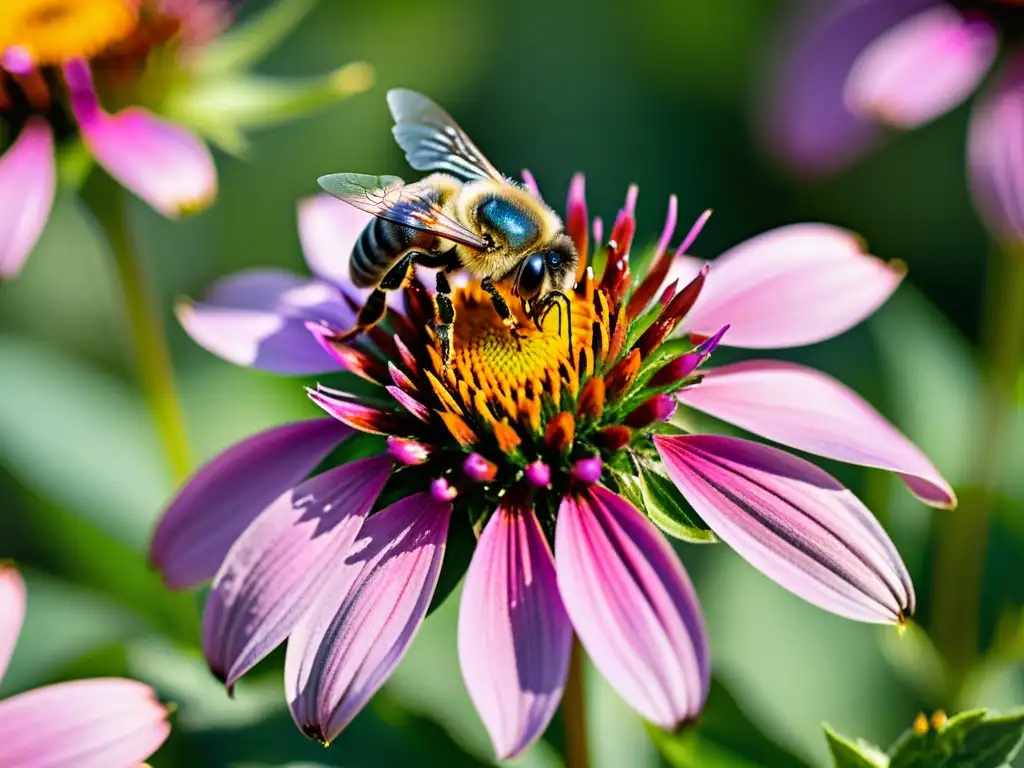 Detallada imagen de una abeja silvestre polinizando una coneflower morada, destacando la importancia de proteger abejas silvestres