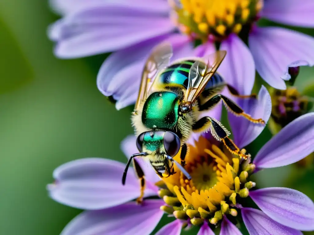 Detallada imagen de una abeja sudor metálica cubierta de polen sobre una flor morada