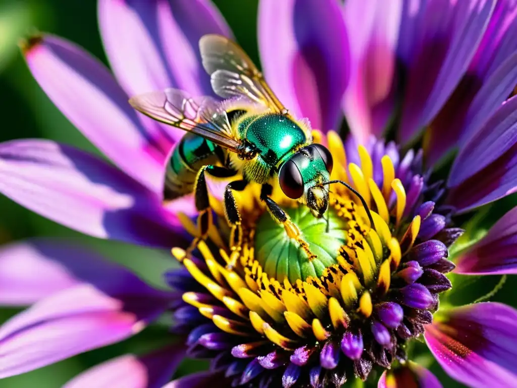 Detallada imagen de una abeja sudorosa metálica verde brillante sobre una flor morada