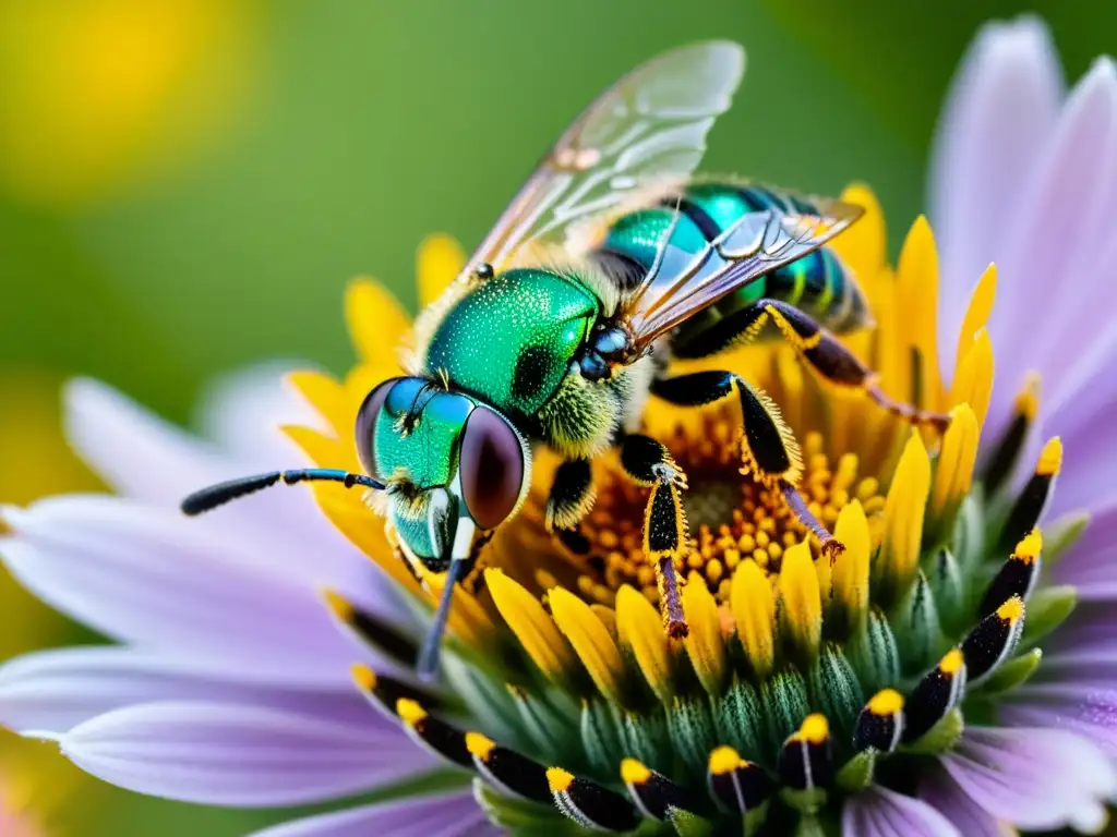 Detallada imagen de una abeja sudorosa metálica cubierta de polen, realizando su vital rol en la polinización en el centro de una flor morada