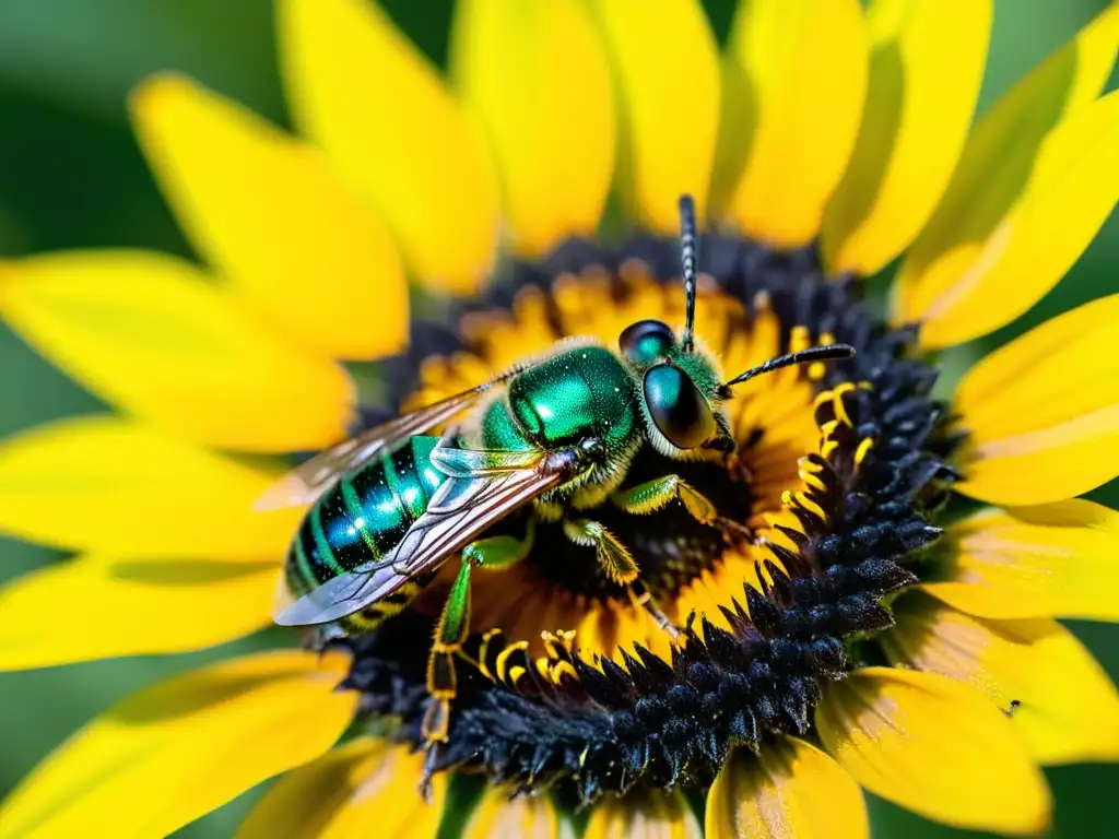 Detallada imagen de una abeja sudorosa metálica verde vibrante en un girasol amarillo, perfecta para educación entomológica en línea