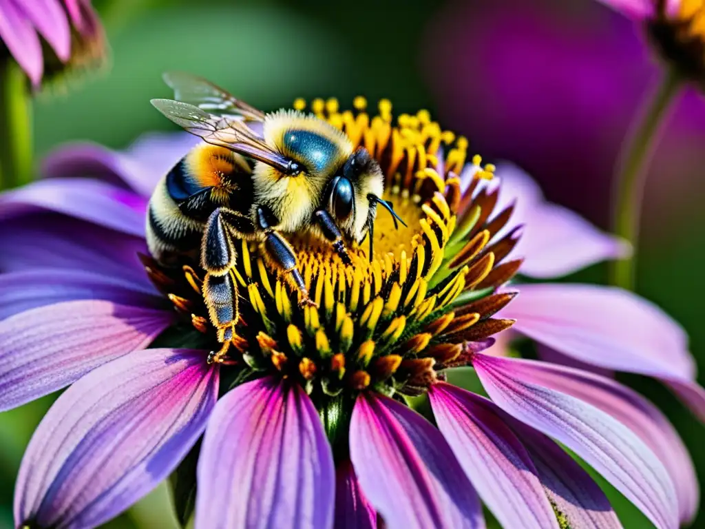 Polinización vital: Detalle asombroso de abeja y flor Detallada imagen de abejorro cubierto de polen sobre una flor morada