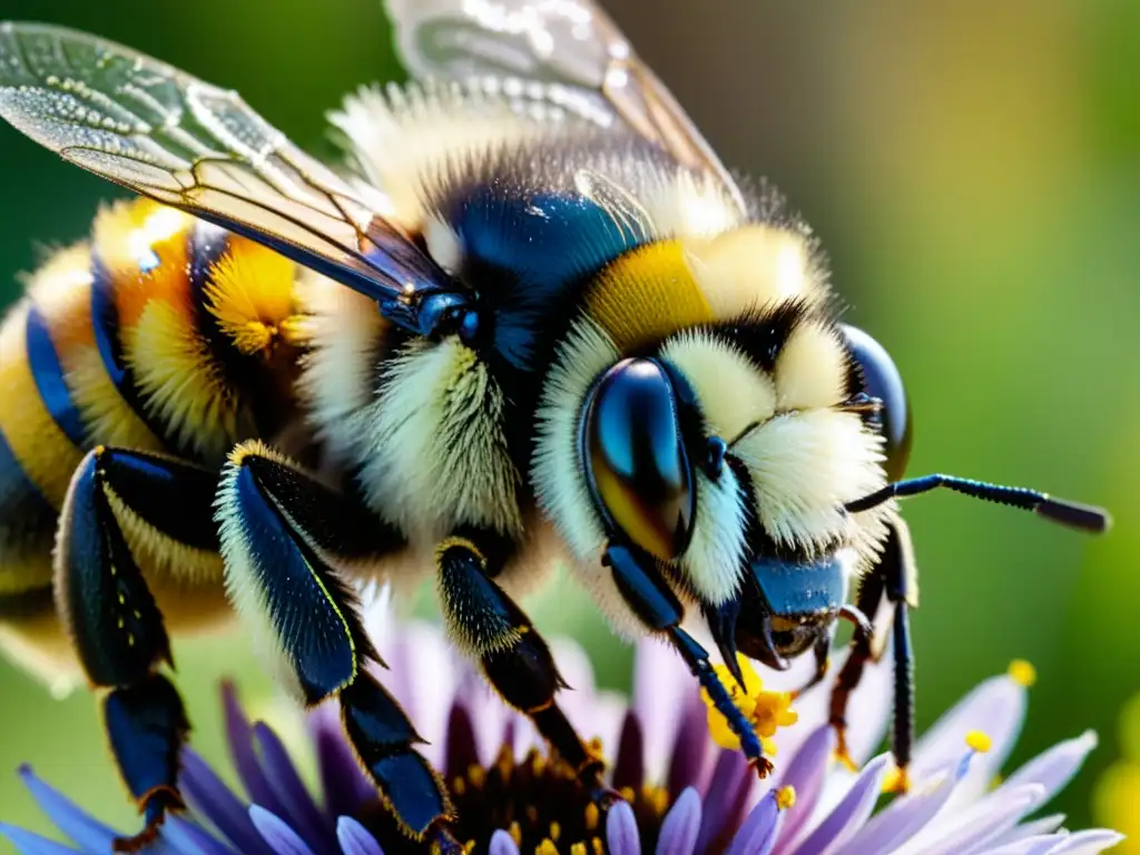 Una detallada imagen de un abejorro cubierto de polen, con delicadas alas y colores vibrantes de las flores