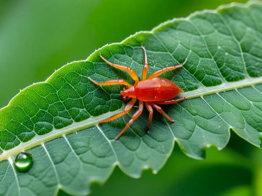 Detallada imagen de ácaros rojos dañinos en hoja verde, resaltando el impacto económico de plagas en cultivos