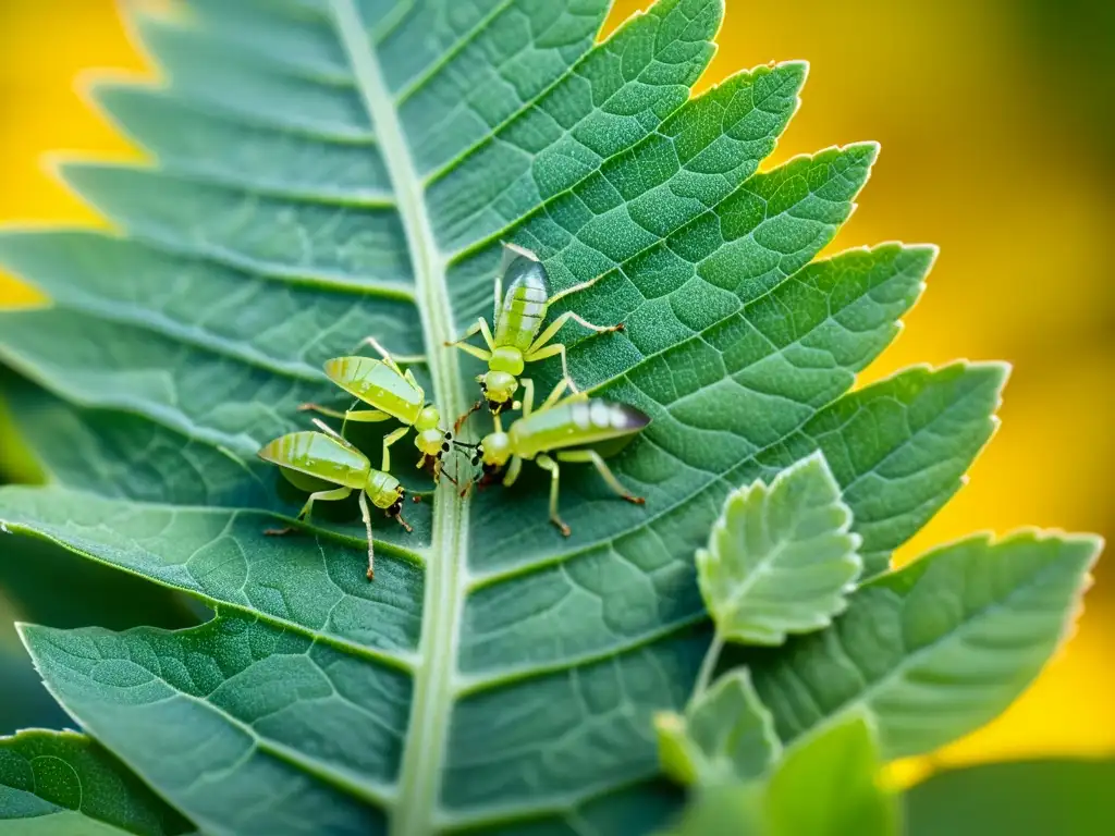 Detallada imagen de áfidos infestando hojas de cultivo