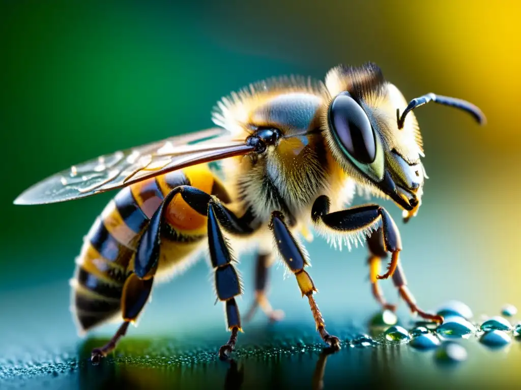 Una detallada imagen de la antena de una abeja cubierta de diminutas gotas de agua, mostrando estructuras intrincadas y pelos sensoriales