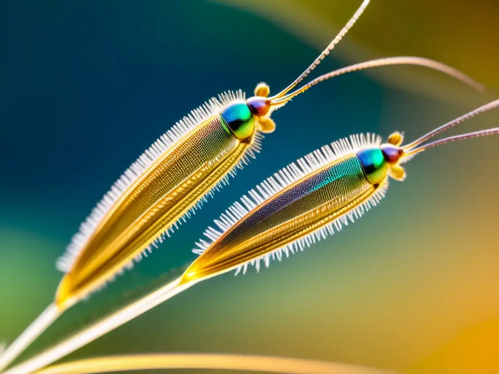 Detallada imagen de antenas de insecto, destacando sus complejos mecanismos de especiación y su belleza iridiscente