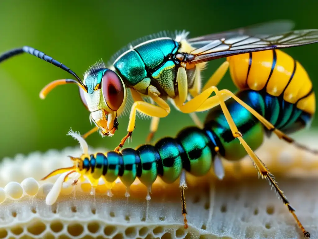 Detallada imagen de un avispa parasitaria inyectando huevos en una oruga, destacando el parasitismo entre insectos