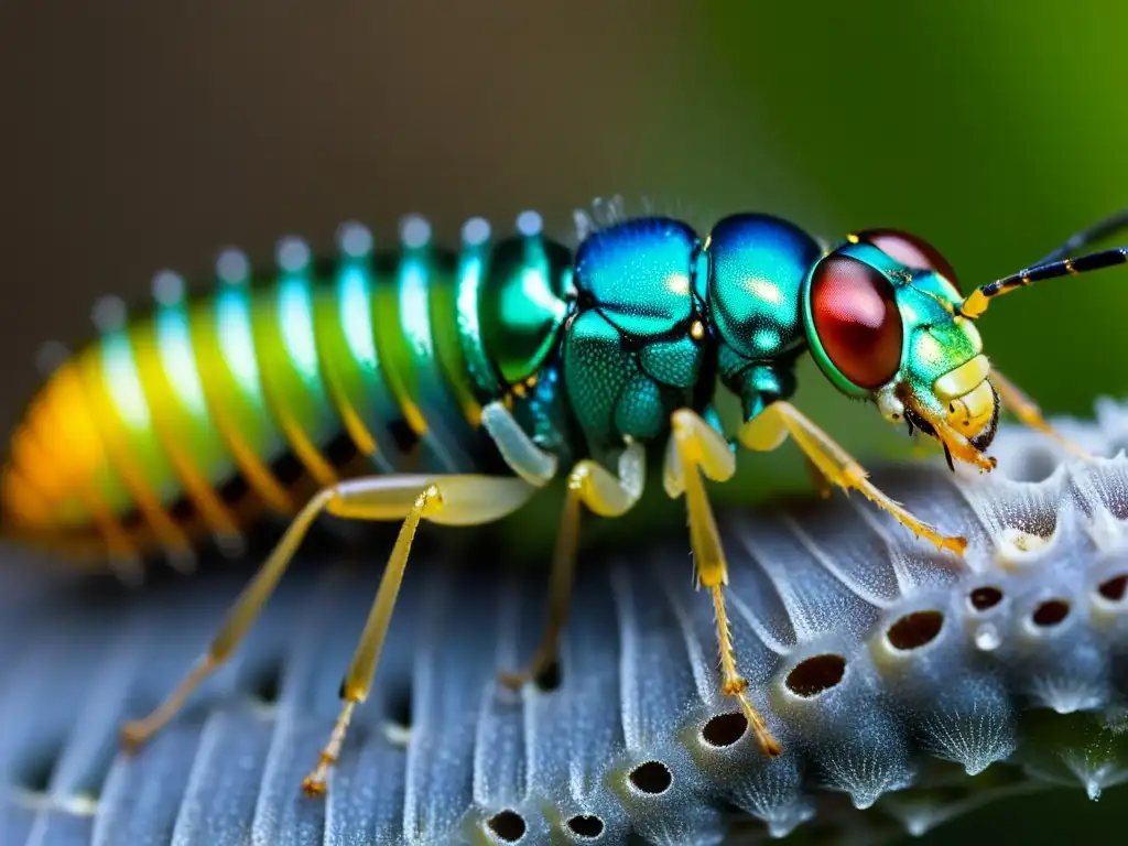 Detallada imagen de una avispa parasitaria depositando huevos en una oruga