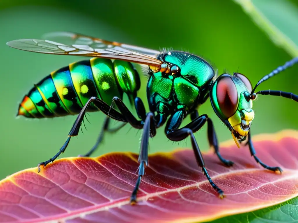 Detallada imagen de una avispa parasitoide en una hoja verde, brillantes alas iridiscentes, ovipositor largo, depositando huevos en una oruga, mostrando la belleza y naturaleza depredadora de estas avispas parasitoides en cultivos