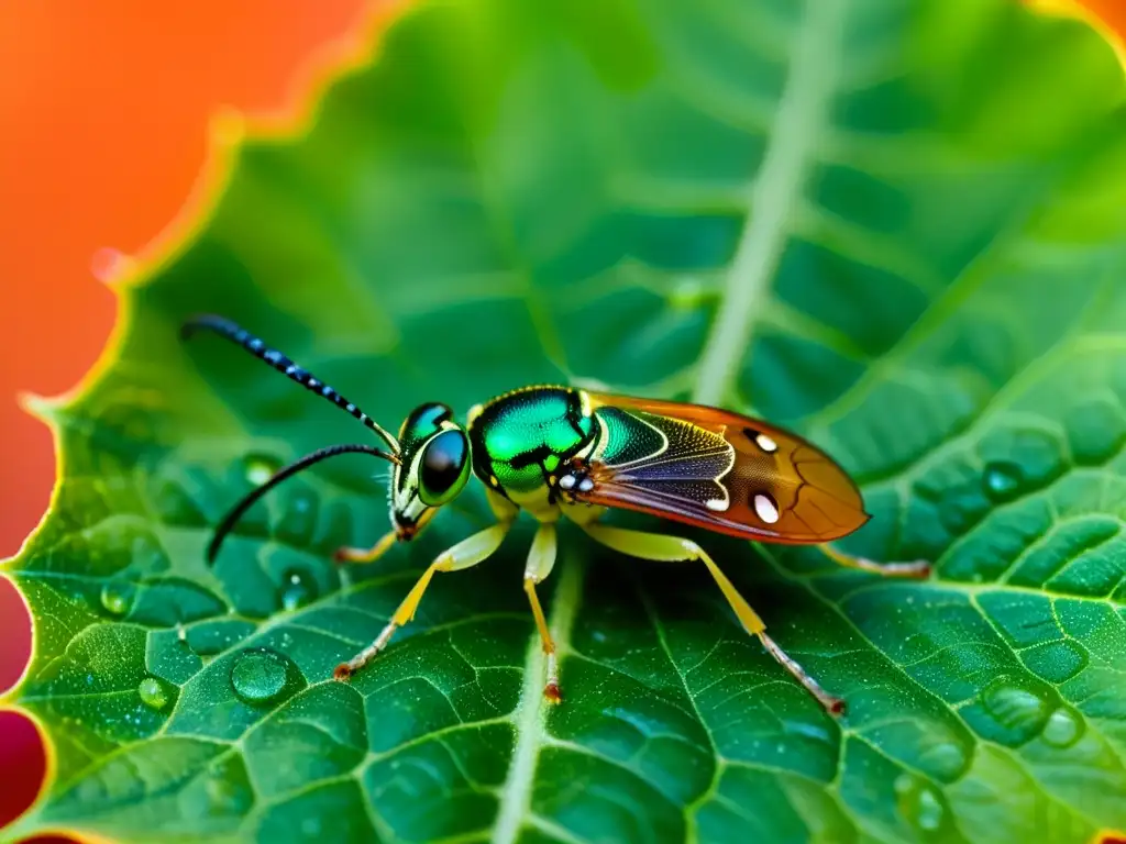 Detallada imagen de una avispa parasitoide reposando en una hoja de tomate verde